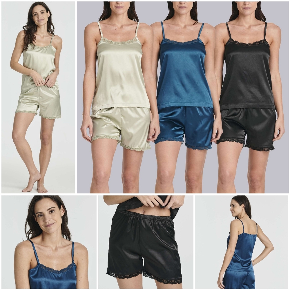 NWOT Real Essentials Silk Satin 3 Pack Pajama Cami Shorts Lingerie Sleepwear M